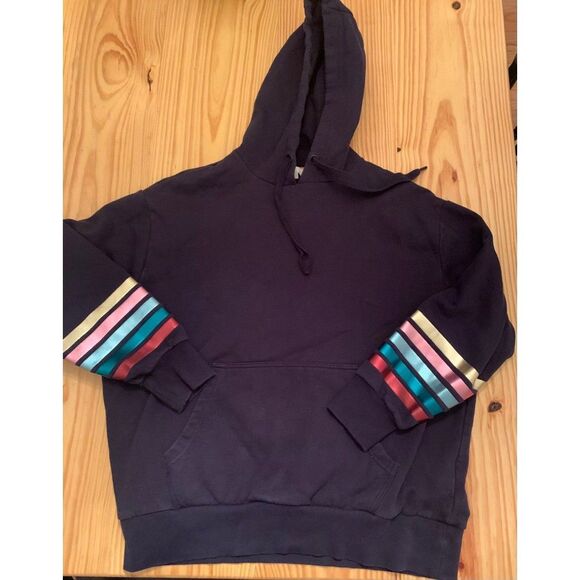 Boden Oversized Hoodie Sweatshirt 8 Navy Blue Rainbow Foil Cuff - Picture 1 of 4